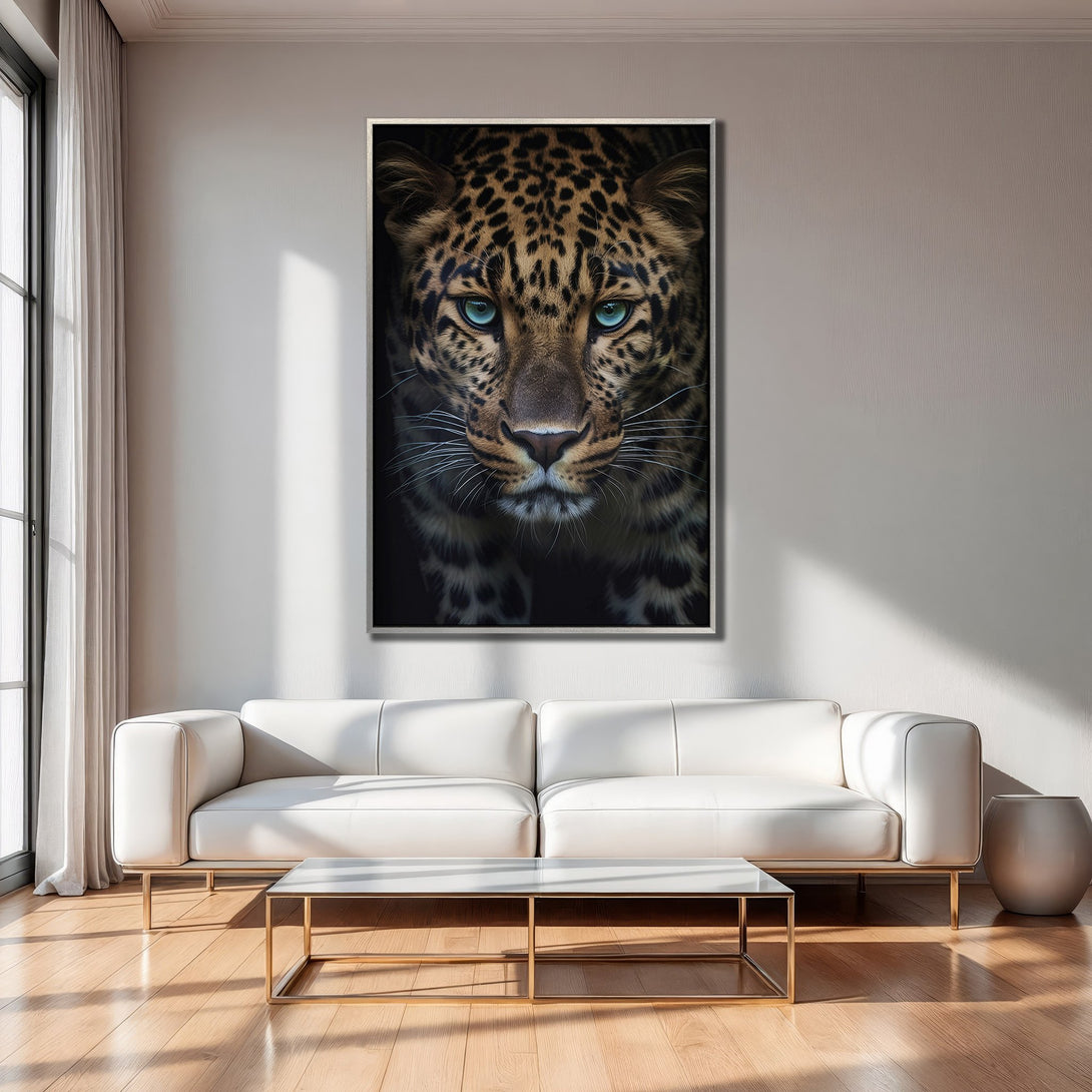 Framed Wall Art: Intense leopard portrait with striking blue eyes. Modern decor with warm, natural tones. Perfect for living room or bedroom.