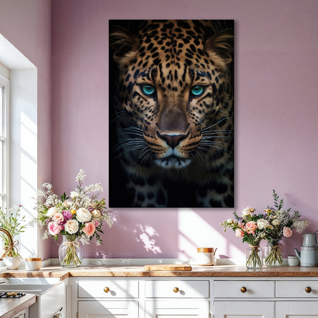 Framed Wall Art: Stunning leopard portrait with captivating blue eyes. Modern style, warm neutral palette. Elevate your decor with this striking canvas print.