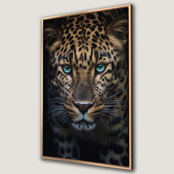 Framed Wall Art: Stunning leopard portrait with striking teal eyes. Warm, earthy tones and a dramatic, close-up style. Perfect for a bold statement piece.