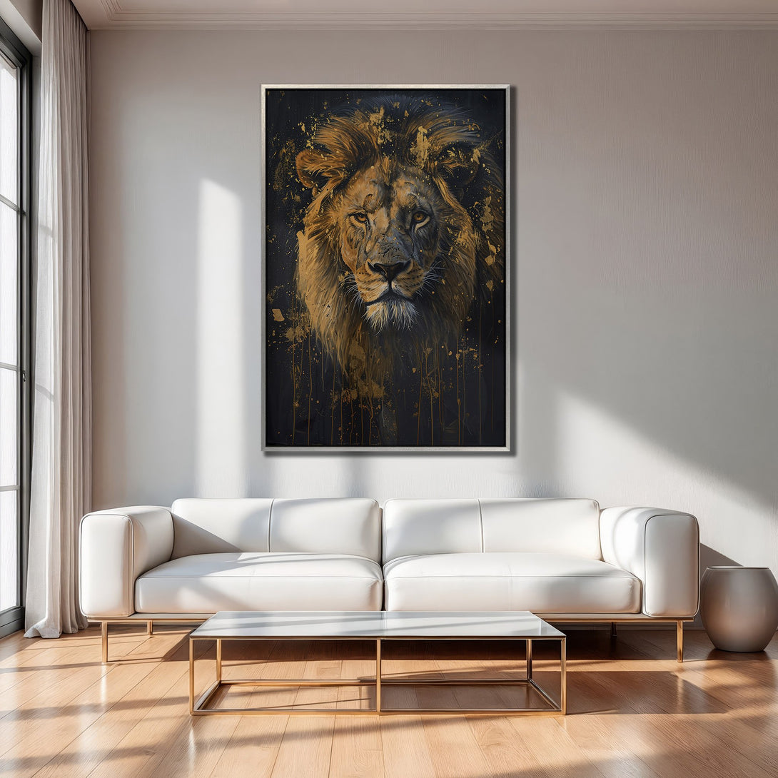 Framed Wall Art: Majestic lion portrait with gold and black color palette, perfect for modern home decor. Shop now!