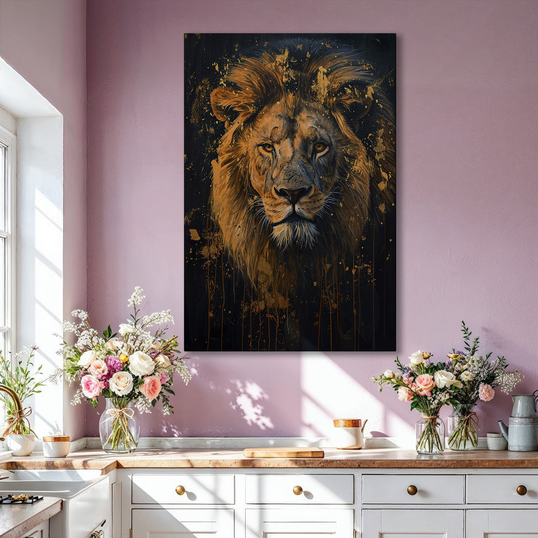Framed Wall Art: Majestic lion portrait in gold and black, adding a touch of luxury to any space. Modern art with a bold, warm color palette.