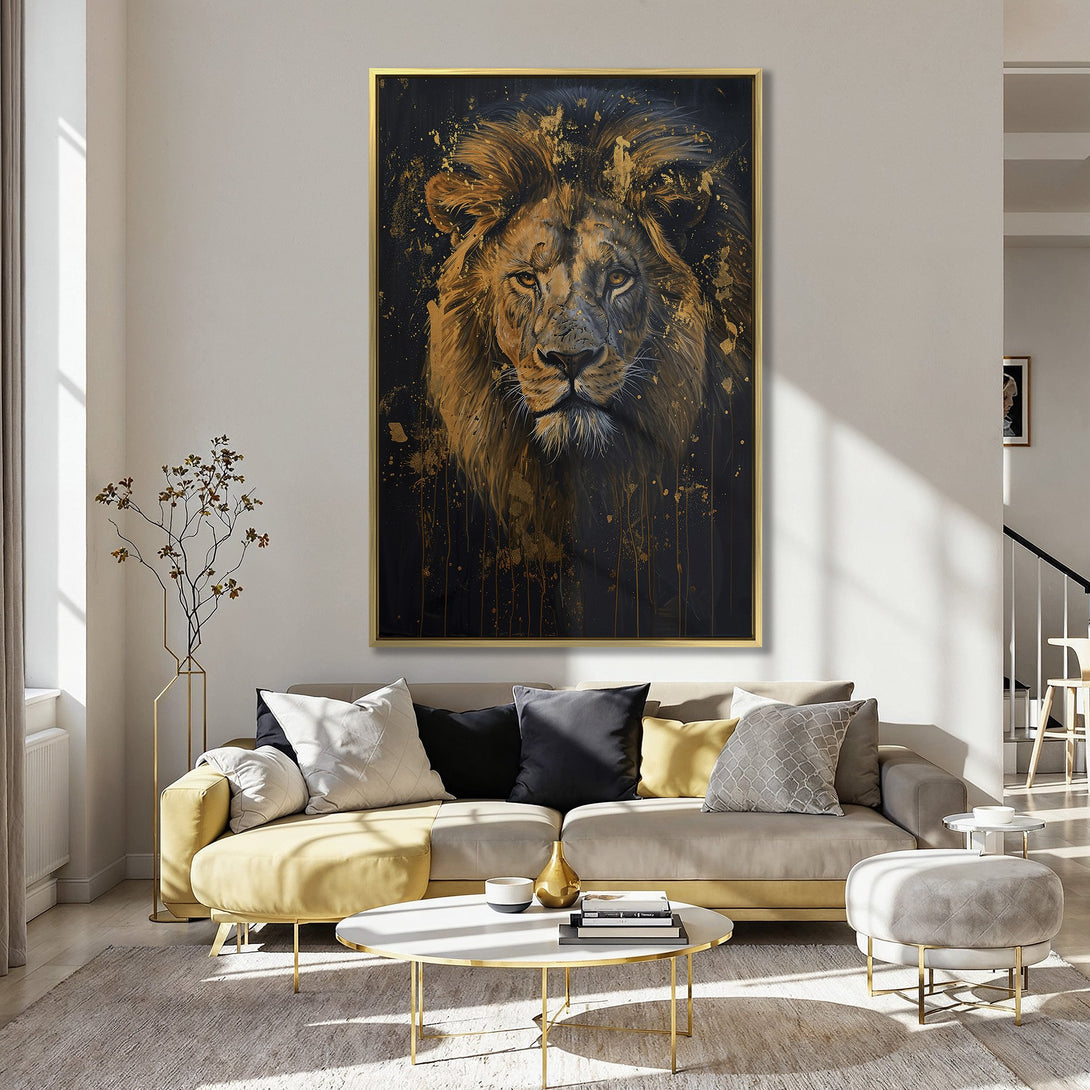 Canvas Print of a majestic lion, modern art style with gold and black color palette. Perfect wall art for your home!