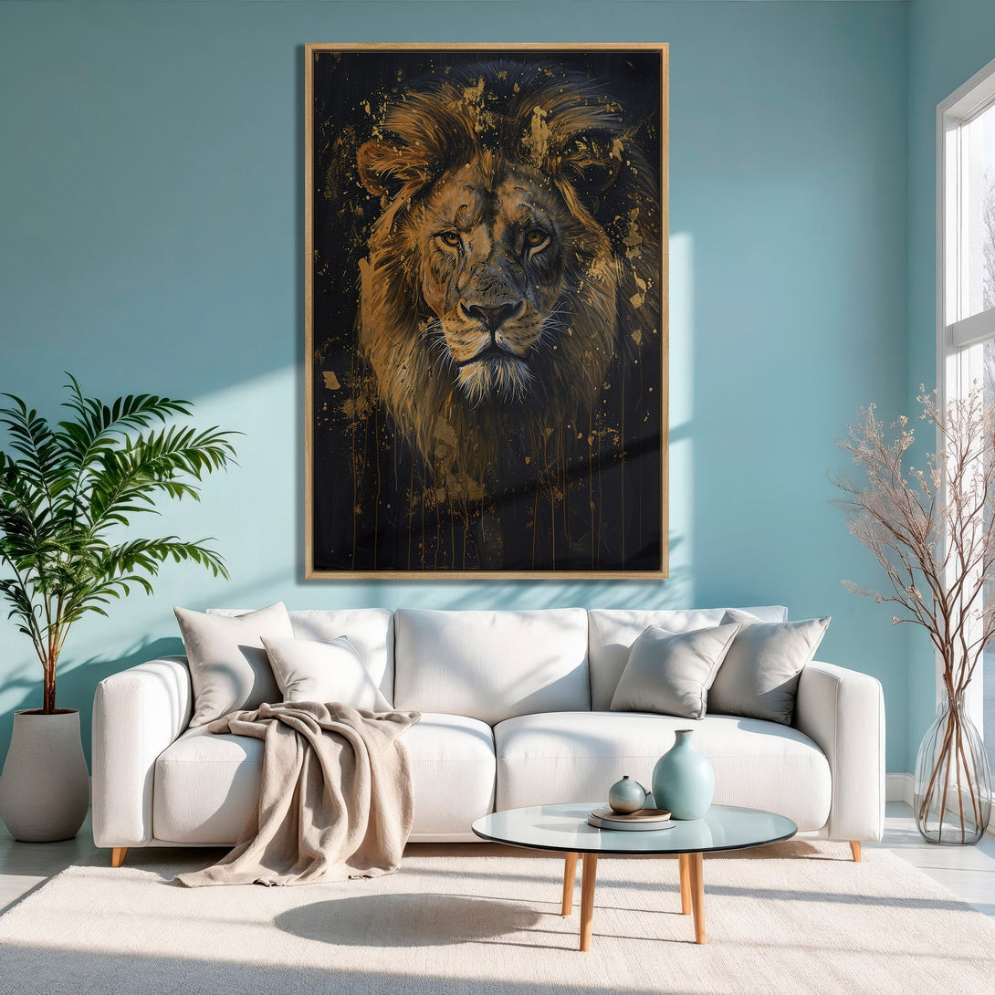 Framed Wall Art: Majestic lion portrait in gold and black, displayed in a modern living room with a blue and neutral color palette. Elevate your space!