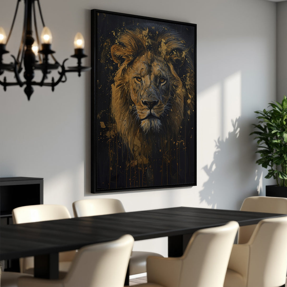 Framed Wall Art: Majestic lion portrait in gold and black. Modern canvas print adds a touch of luxury to any space. Shop now for stunning wall decor!