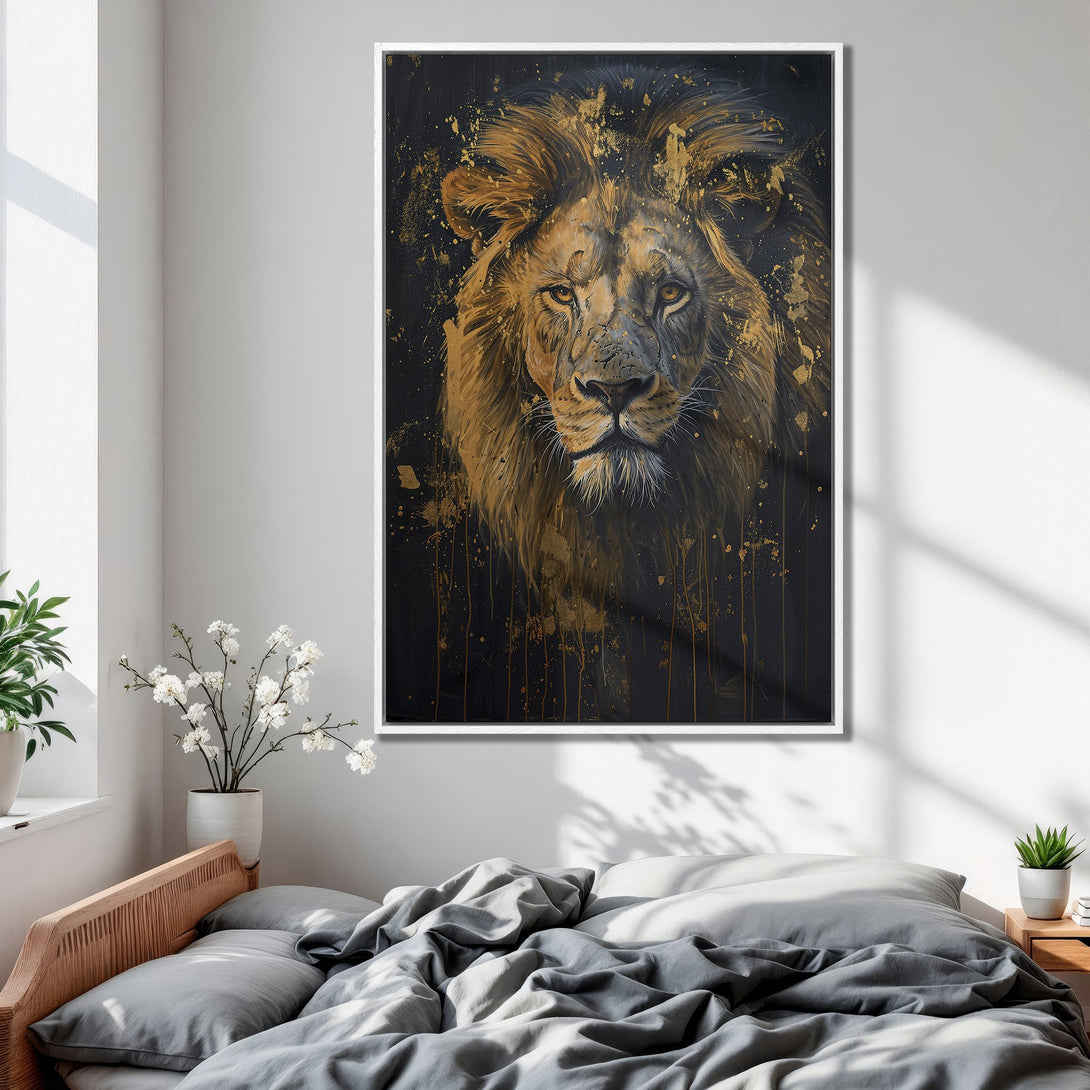 Framed Wall Art: Majestic lion portrait canvas print in gold and black, adding a touch of luxury and bold style to your bedroom decor.
