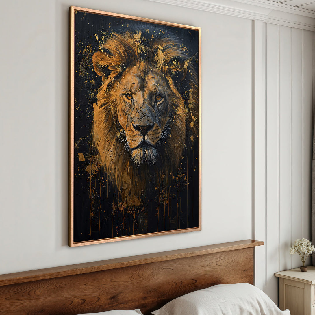 Framed Wall Art: Majestic lion portrait in gold and black. Modern abstract style. Perfect for adding a touch of luxury to your home decor.