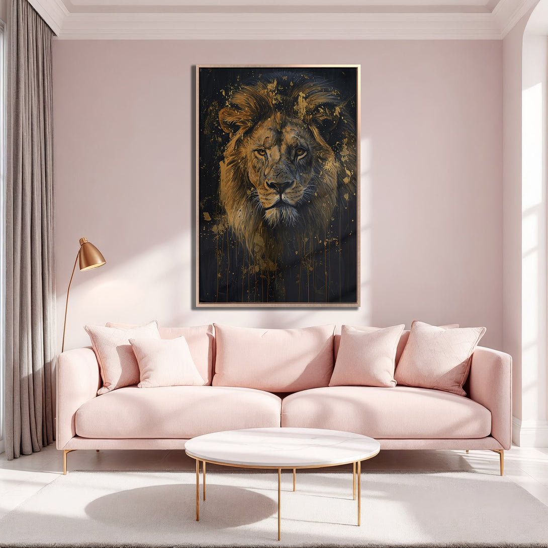 Framed Wall Art featuring a majestic lion in gold and black, displayed in a stylish, modern interior with a pink and gold color palette.
