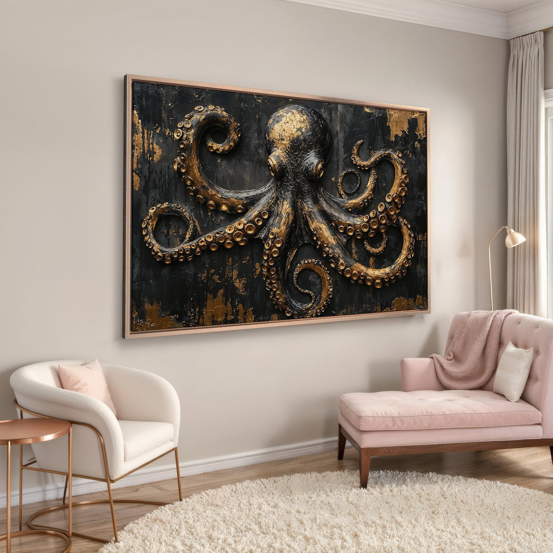 Framed Wall Art: Stunning octopus canvas print in black and gold, adding a touch of luxury and coastal style to any interior. Modern art with a bold statement.