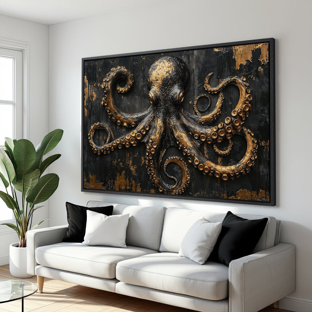 Framed Wall Art featuring an octopus in a textured, gold and black color palette. Perfect for adding a touch of luxury to any interior.