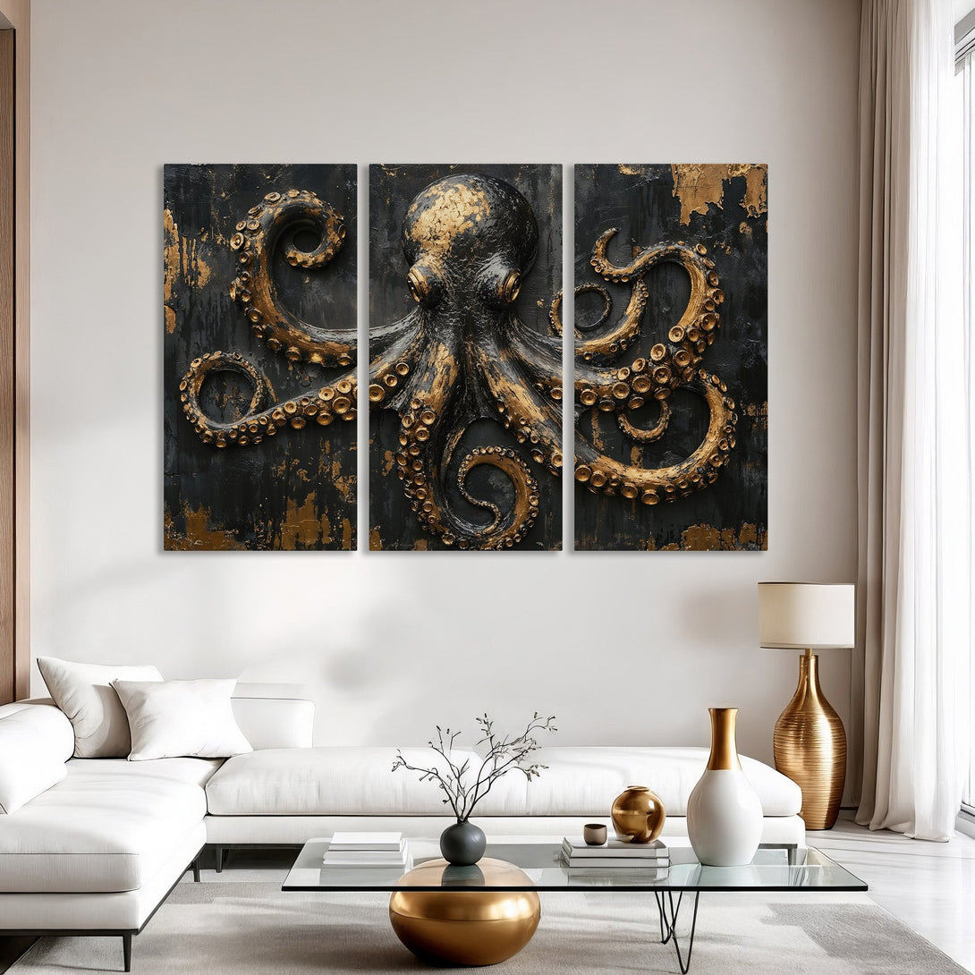 Canvas Print: Abstract octopus art in black and gold, a striking statement piece for modern home decor. Bold, textured design with a luxurious feel.