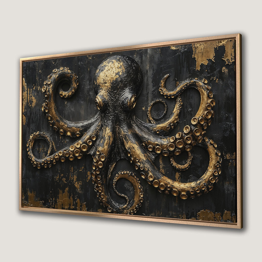 Framed Wall Art: Stunning octopus canvas print in gold and black. Add a touch of luxury and coastal charm to your home decor. Shop now!