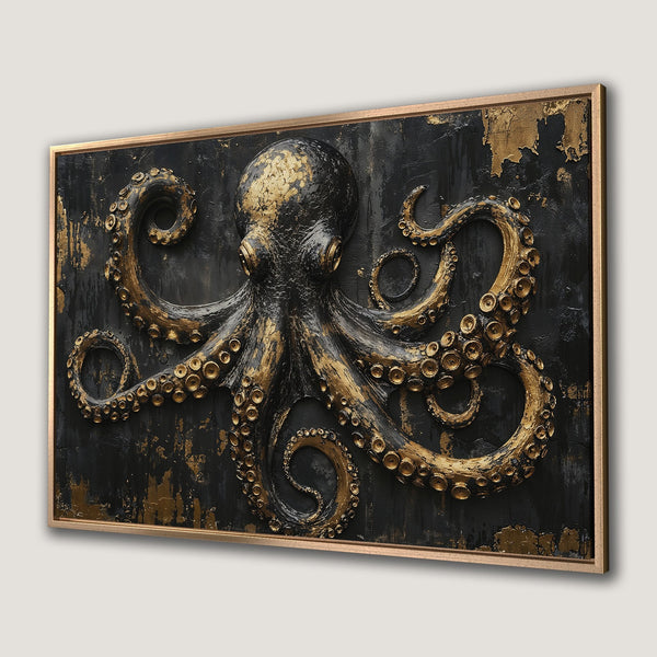 Framed Wall Art: Stunning octopus canvas print in gold and black. Add a touch of luxury and coastal charm to your home decor. Shop now!