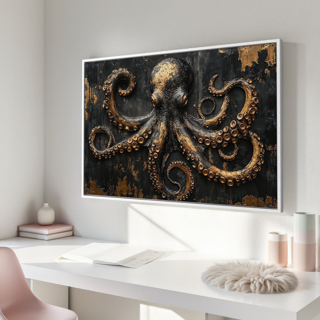 Framed Wall Art: Dramatic octopus canvas print in black and gold. Modern, textured artwork to elevate any space.