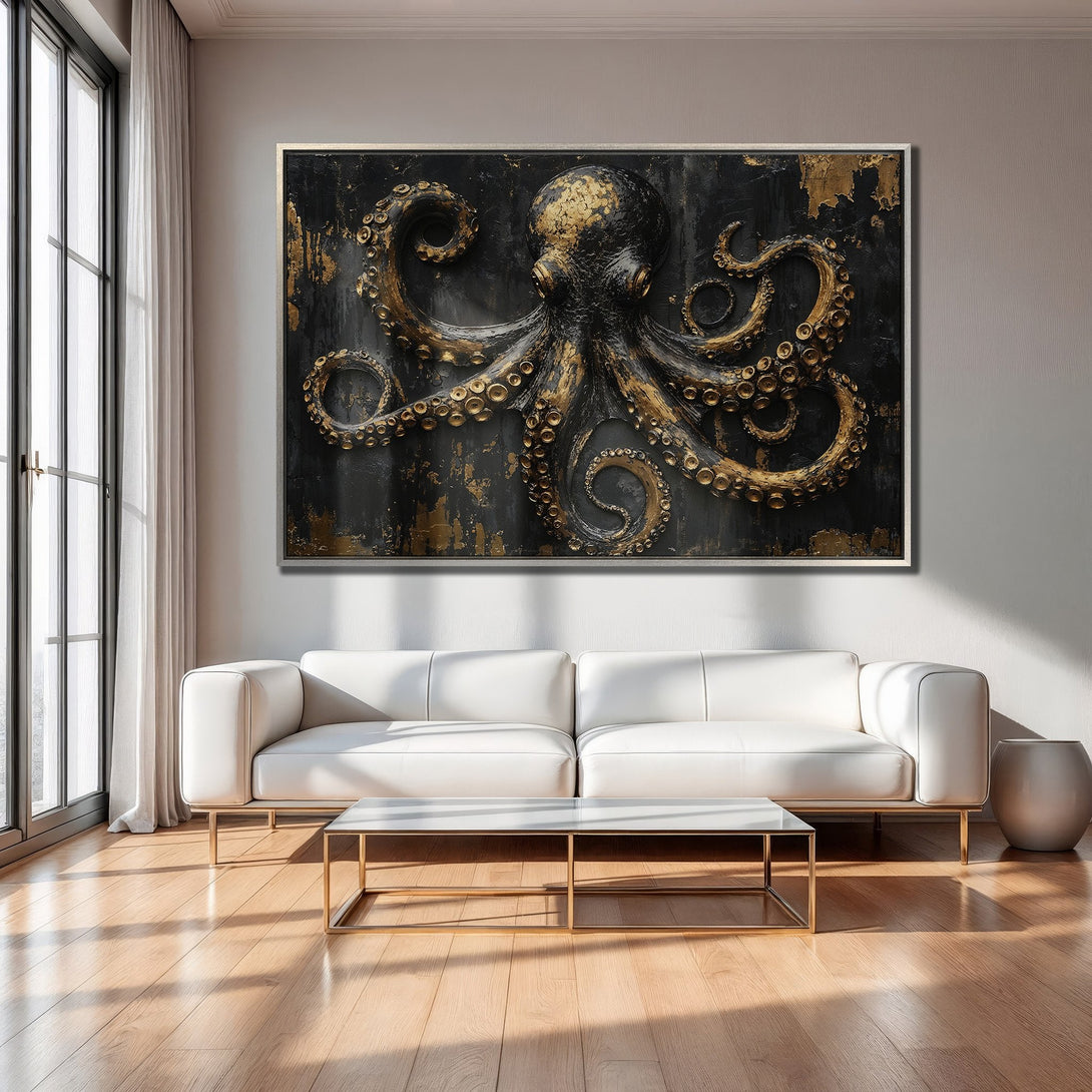 Framed Wall Art: Abstract octopus art in black and gold. Modern decor with a luxurious touch. Perfect for living rooms.
