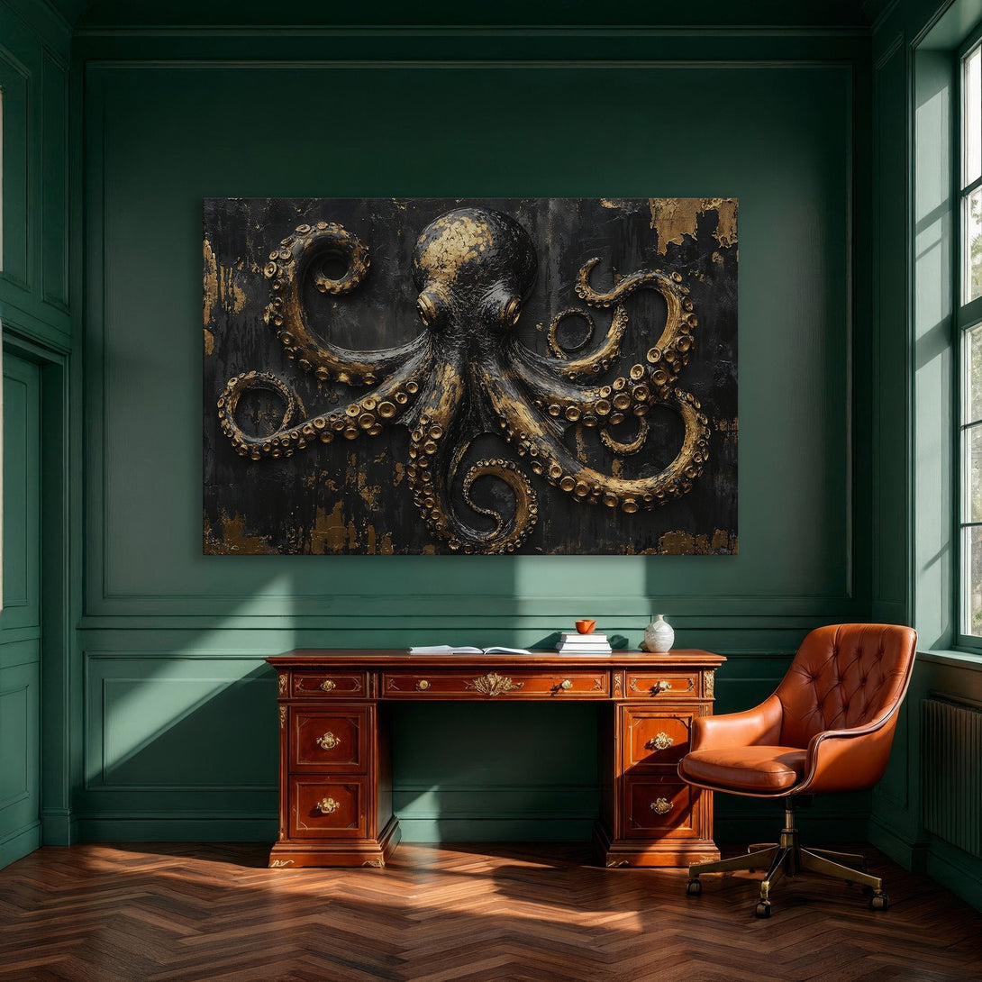 Framed Wall Art: Stunning octopus canvas print in black and gold, adding a touch of luxury and style to any dining room.
