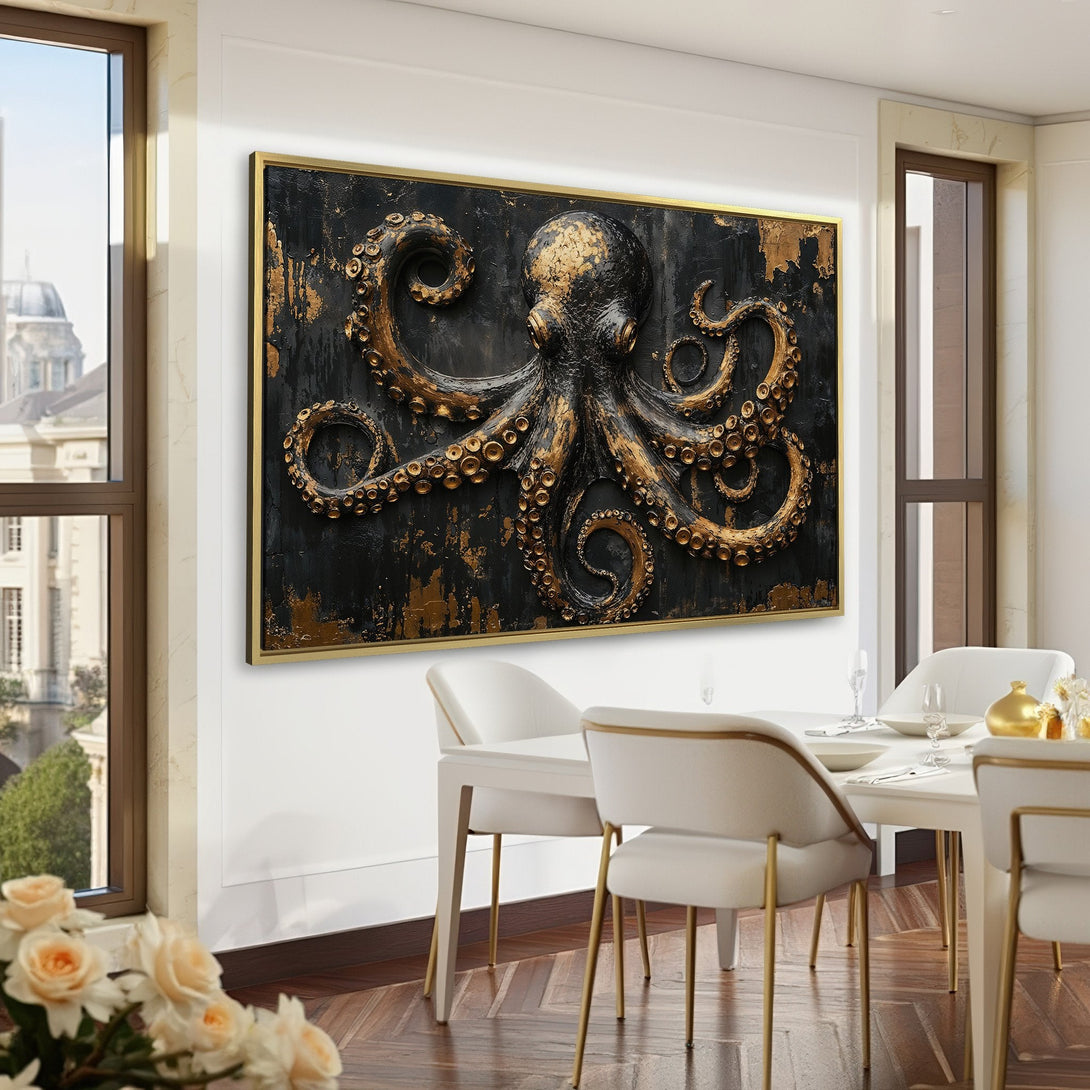 Canvas Print: Dramatic octopus art in gold and black, displayed in a luxurious green interior. Elevate your space with this statement piece!