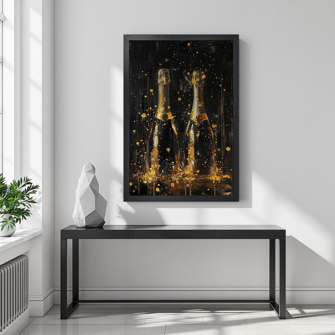 Framed Poster featuring champagne bottles in gold on black. Modern art print for home decor.