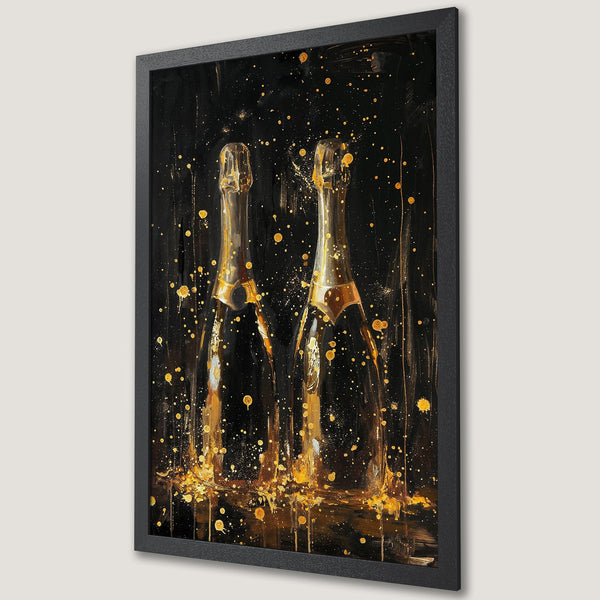 Framed Poster featuring champagne bottles in abstract gold and black. Modern art style, perfect for home decor.