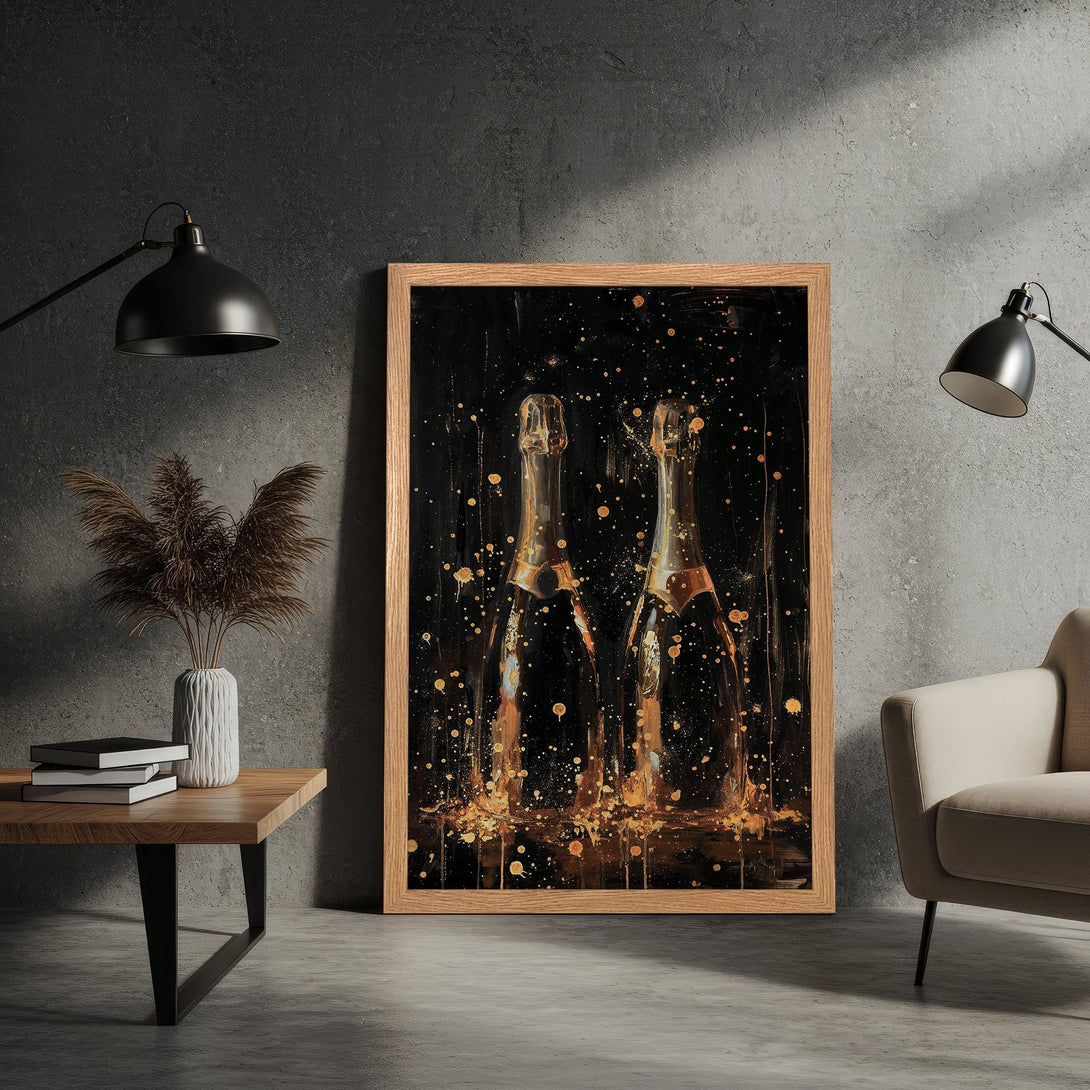 Framed Poster of champagne bottles with gold accents on a black background. Modern art style, warm color palette.