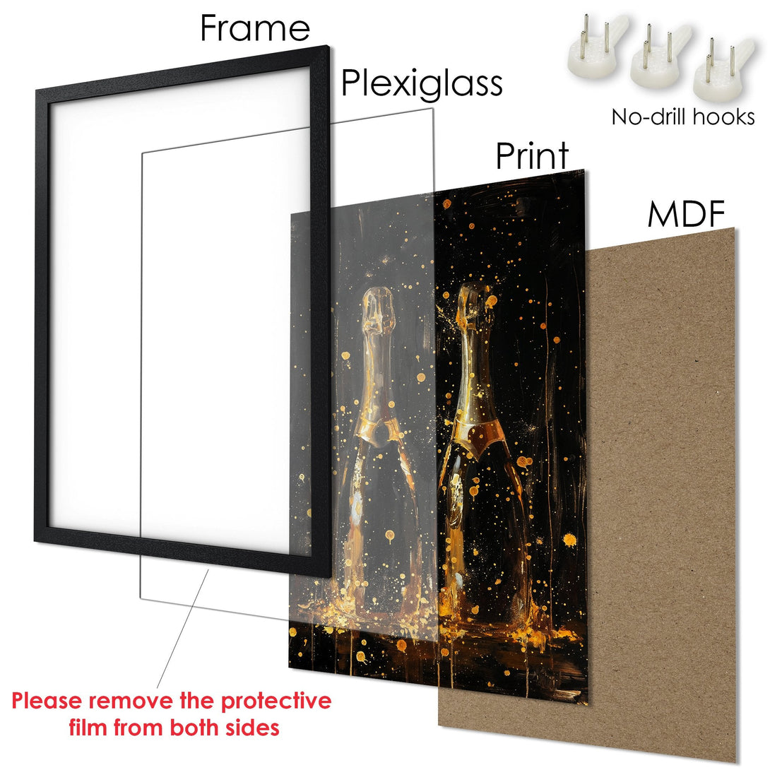 Framed Poster featuring champagne bottles, a modern style, and a black and gold color palette for elegant wall decor.