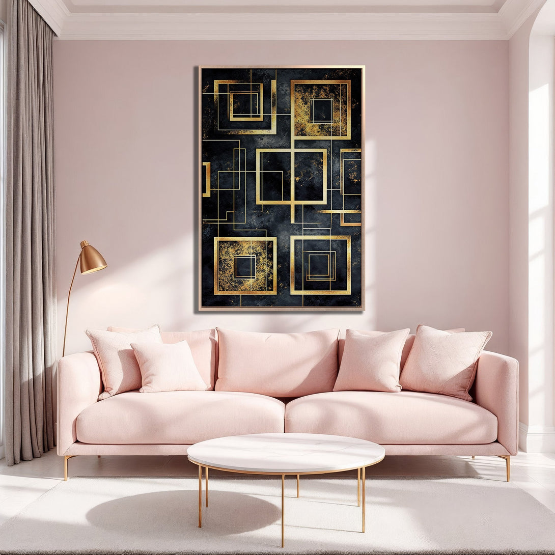 Framed Wall Art featuring a modern geometric design in black and gold, displayed in a stylish, blush-toned interior. Perfect for adding a touch of luxury.