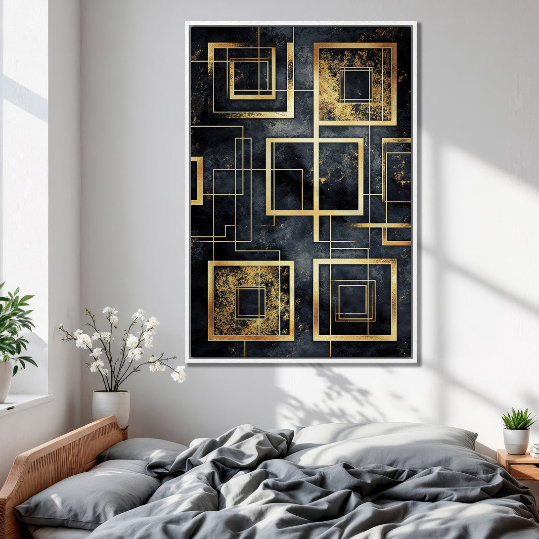 Framed Wall Art featuring a geometric gold and black abstract design. Modern art canvas print, perfect for bedroom decor. Gold and dark color palette.