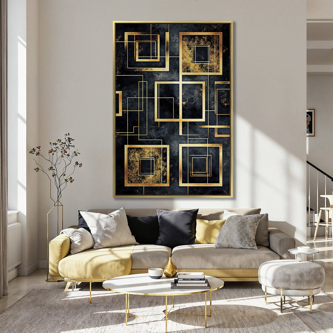 Canvas Print featuring an abstract geometric design in gold and black, displayed in a stylish kitchen. Modern art decor with a luxurious feel.