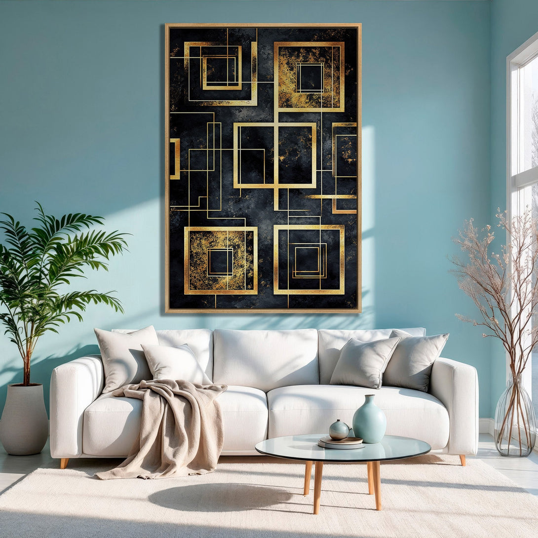 Framed Wall Art featuring a modern geometric design with gold accents on a black background. Perfect for adding a touch of luxury to your space.