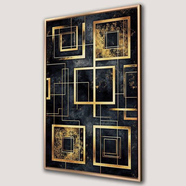 Framed Wall Art featuring a modern geometric design in black, gold, and a touch of texture. Perfect for adding a touch of luxury to any space.