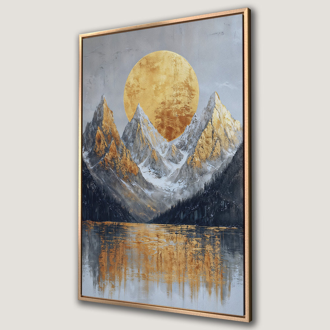 Framed Wall Art of a stunning mountain landscape with a golden sun. Features a warm, earthy color palette perfect for adding a touch of nature to your home.