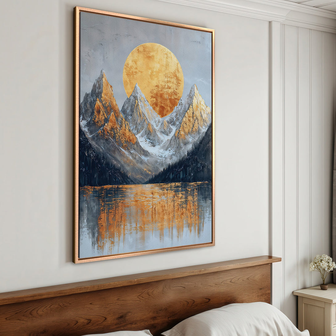 Framed Wall Art: Mountain landscape painting with gold and blue tones. Modern art print for bedroom decor. Enhance your home with this stunning canvas.