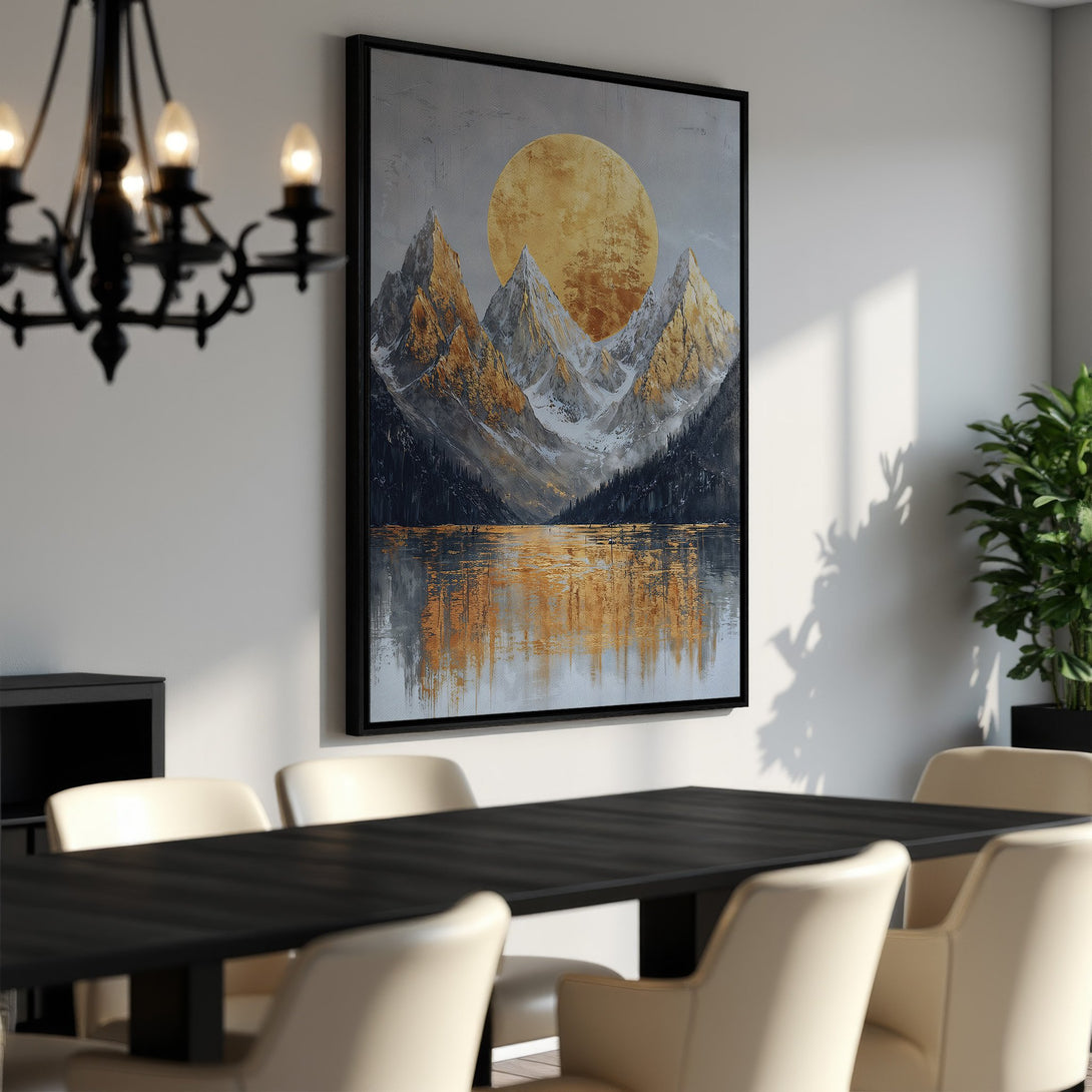Framed Wall Art: Abstract mountain landscape in gold and grey tones. Modern canvas print adds a touch of nature-inspired art to any room.
