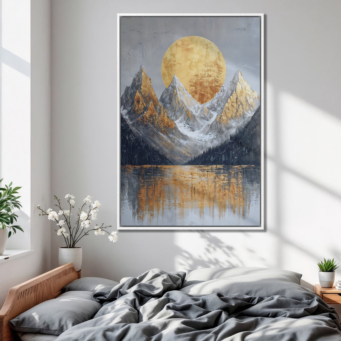 Framed Wall Art: Mountain landscape canvas print with gold and gray color palette, perfect for bedroom decor. Adds a touch of nature and serenity.
