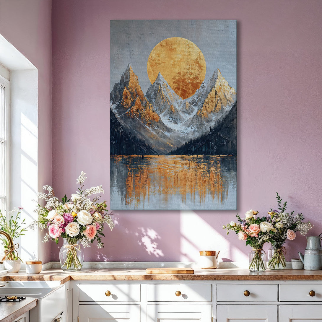 Framed Wall Art: Abstract mountain landscape canvas print with gold, gray, and orange hues. Modern art for home decor, adding a touch of elegance.