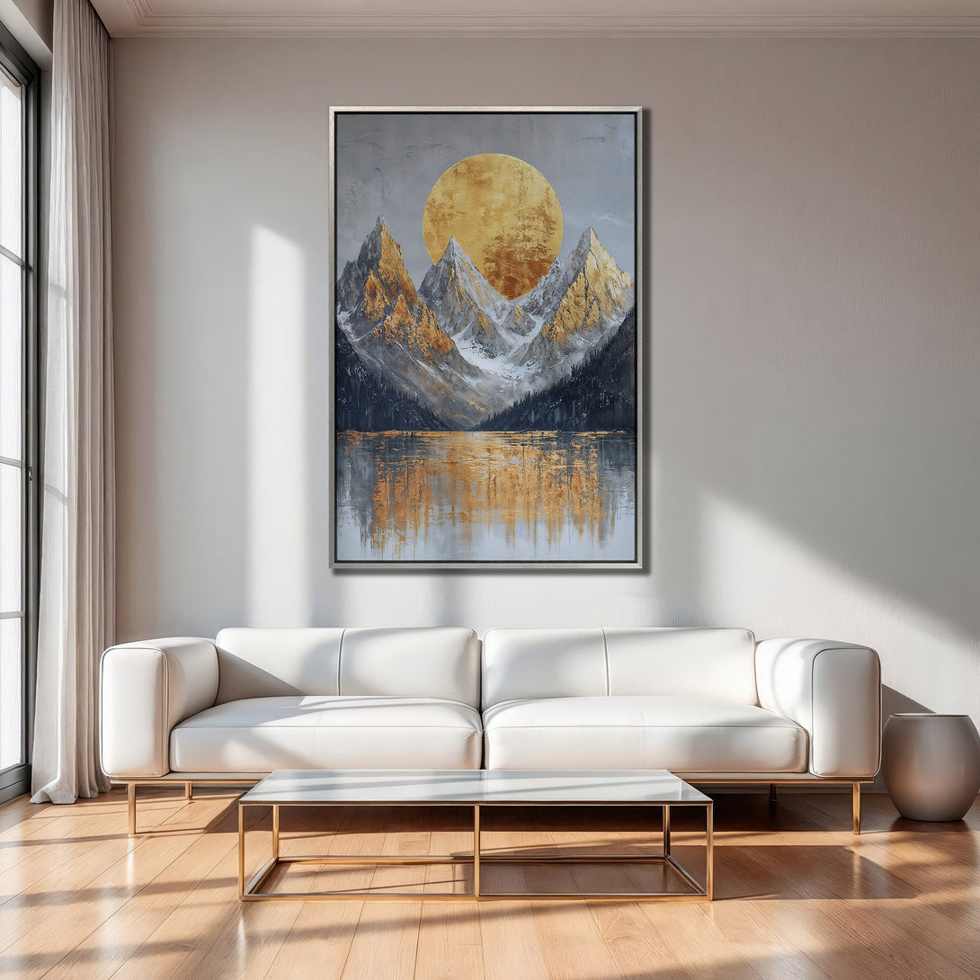 Framed Wall Art: Mountain landscape canvas print with warm gold and blue tones, perfect for modern home decor.