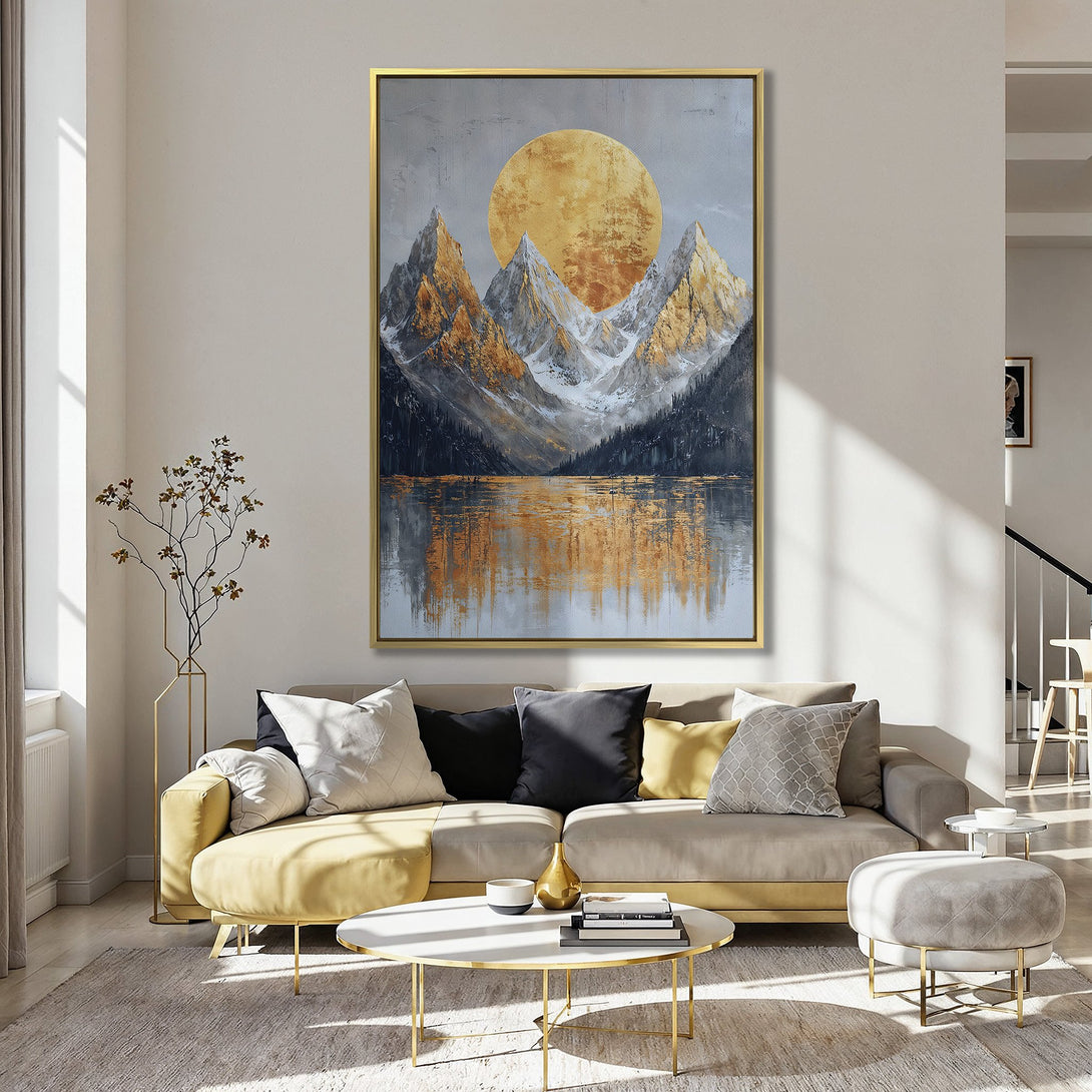 Canvas Print of a mountain landscape with a golden sun. Modern art in a warm, earthy palette. Perfect wall decor for any room.