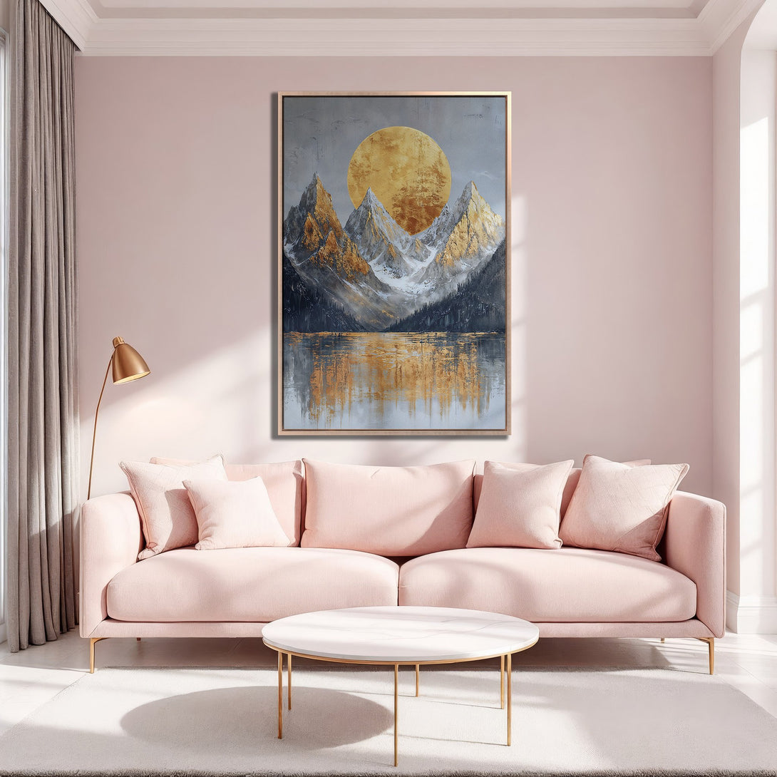Framed Wall Art: Abstract mountain landscape in gold, gray, and blue. Modern art piece adds elegance to a pink living room. Shop now!
