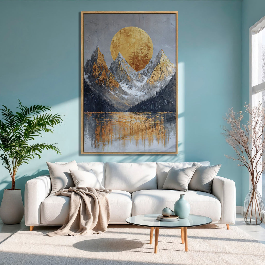 Framed Wall Art: Abstract mountain landscape in gold and gray tones. Modern art Canvas Print adds a touch of elegance to any living room.