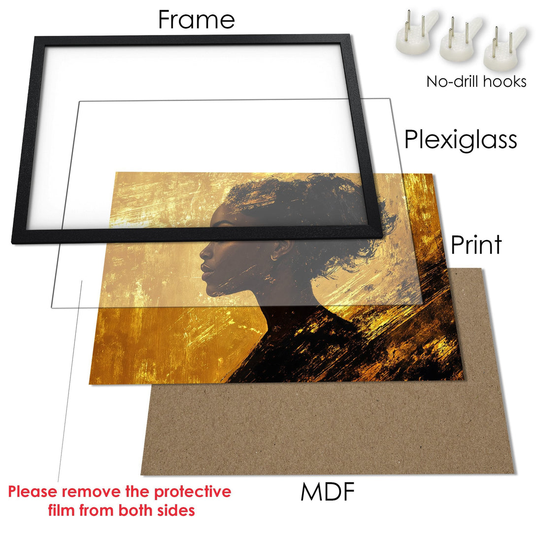 Framed Poster featuring a woman's profile in gold and black abstract art. Modern decor, ready to hang.