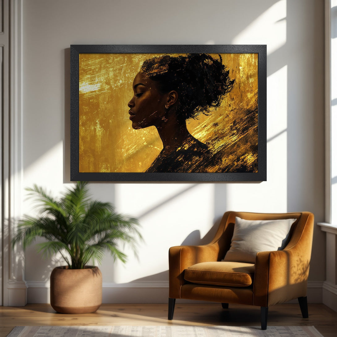 Framed Poster featuring a profile portrait in gold tones. Modern art style, perfect for home decor. Add a touch of elegance with this stunning Poster.