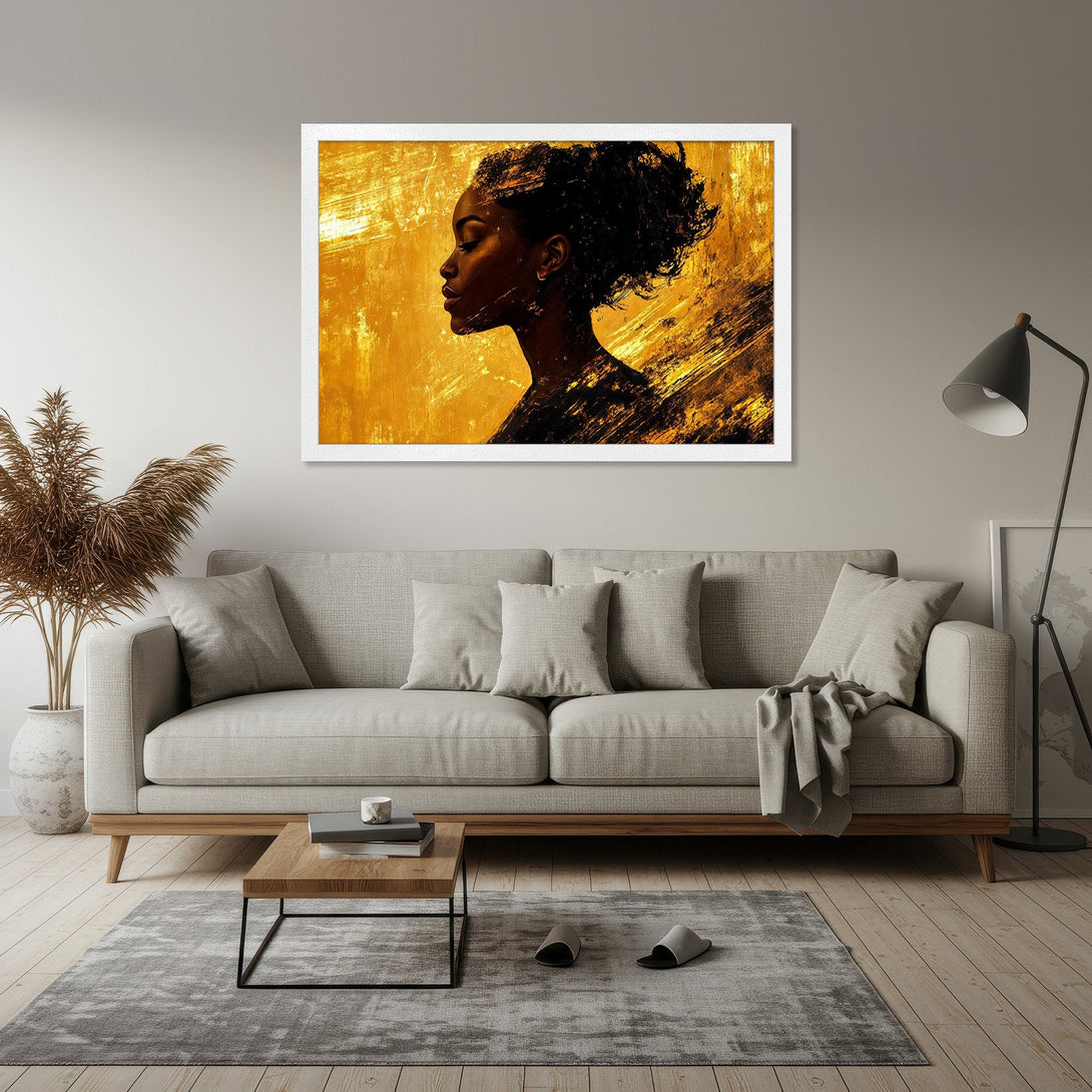 Framed Poster featuring a woman's profile in a gold and black abstract style. Elevate your space with this stunning artwork.