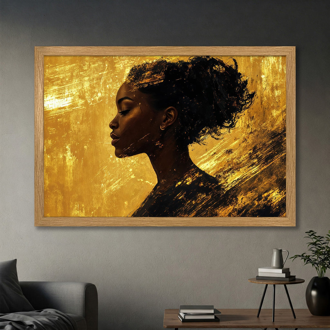 Framed Poster featuring a black woman in profile, abstract gold and black style, warm color palette. Perfect wall art.