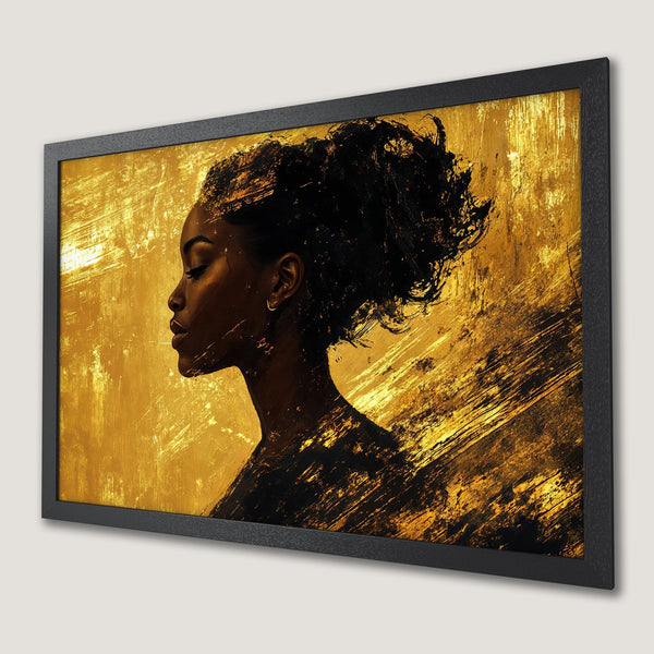 Framed Poster featuring an elegant woman in gold and black, modern art style. Perfect wall decor!