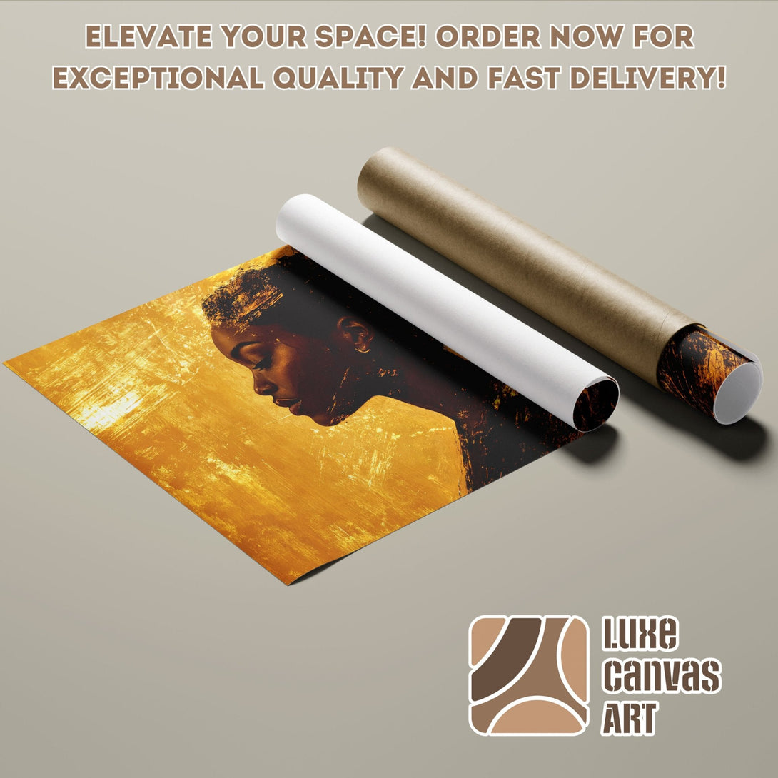 Poster Roll featuring a woman's portrait in gold and brown tones. Elevate your space!