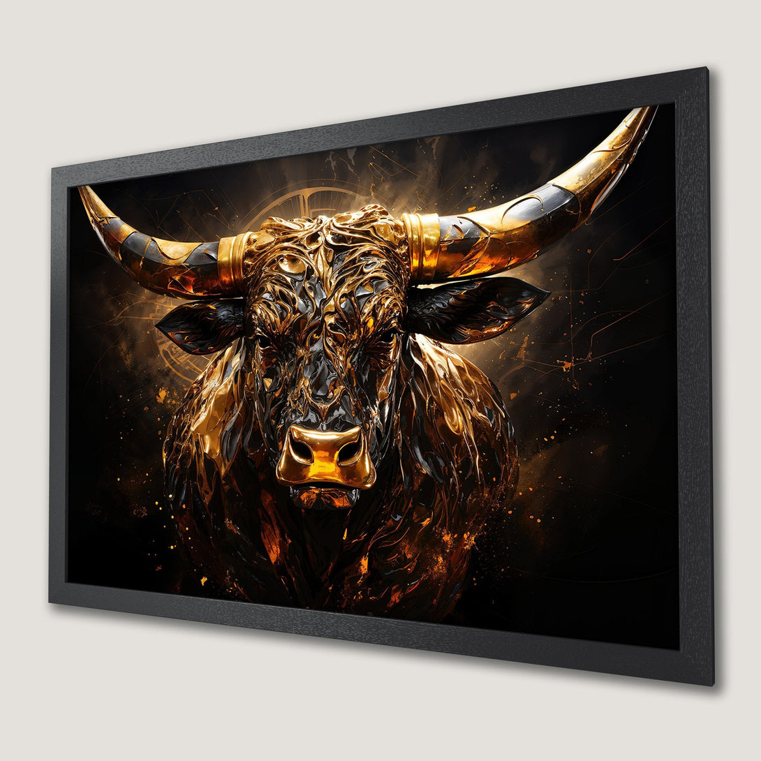 Framed Poster of a majestic golden bull, artistic style, dark and gold color palette, perfect for modern decor.