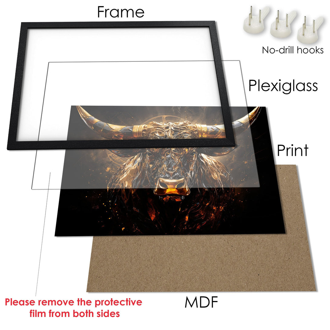 Framed Poster featuring a golden bull illustration on a black background, perfect for modern decor.