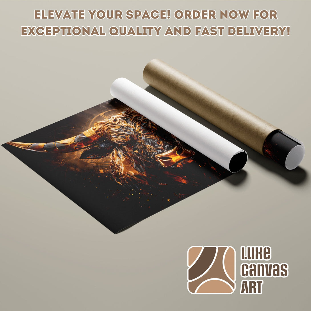 Abstract golden bull Poster Roll, modern art, warm color palette. Elevate your space!