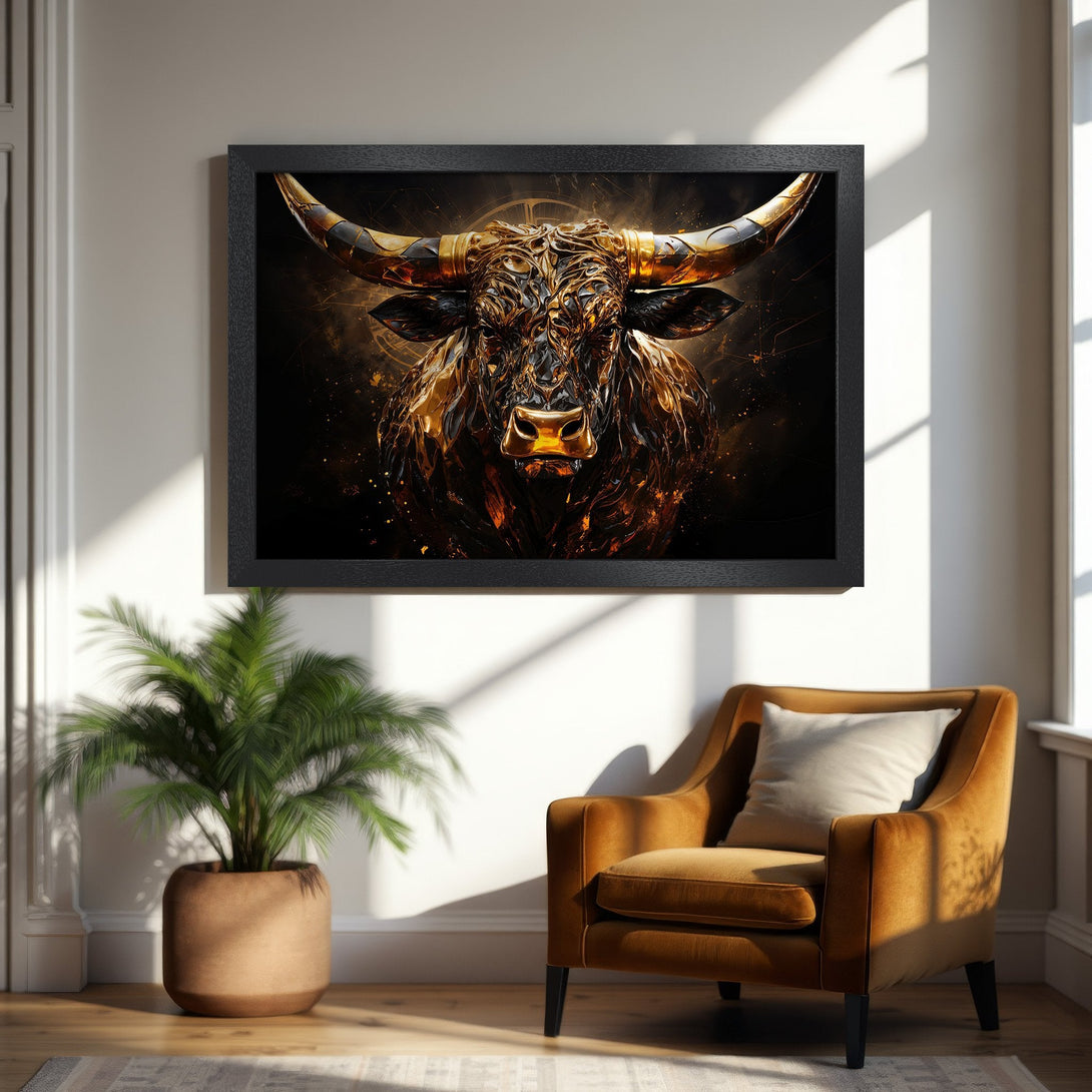 Framed Poster featuring a majestic bull in gold and black, perfect for modern decor. Enhance your space with this stunning artwork.