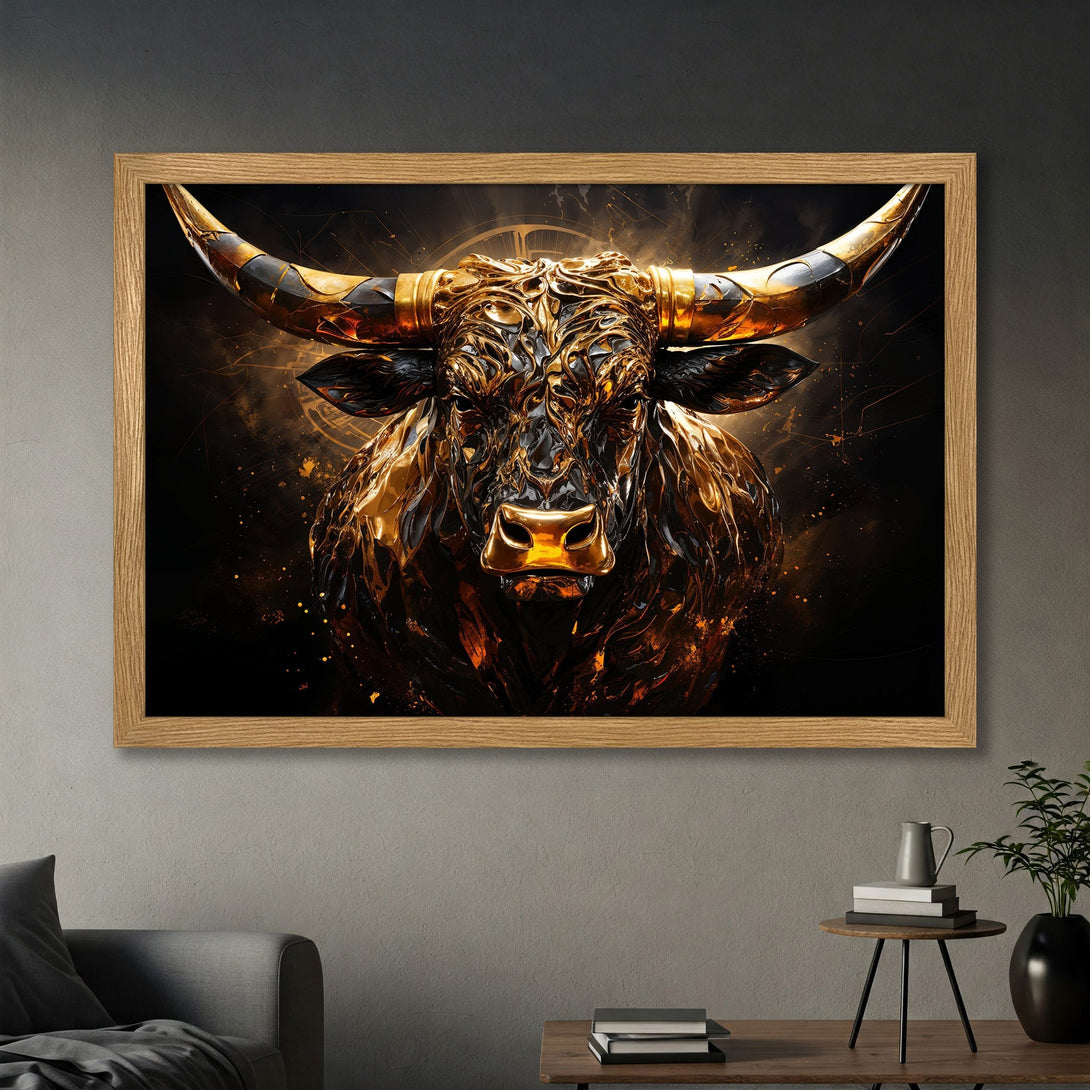 Framed Poster featuring a golden bull sculpture with a dark, dramatic background. Metallic art with a black, gold, and brown color palette.