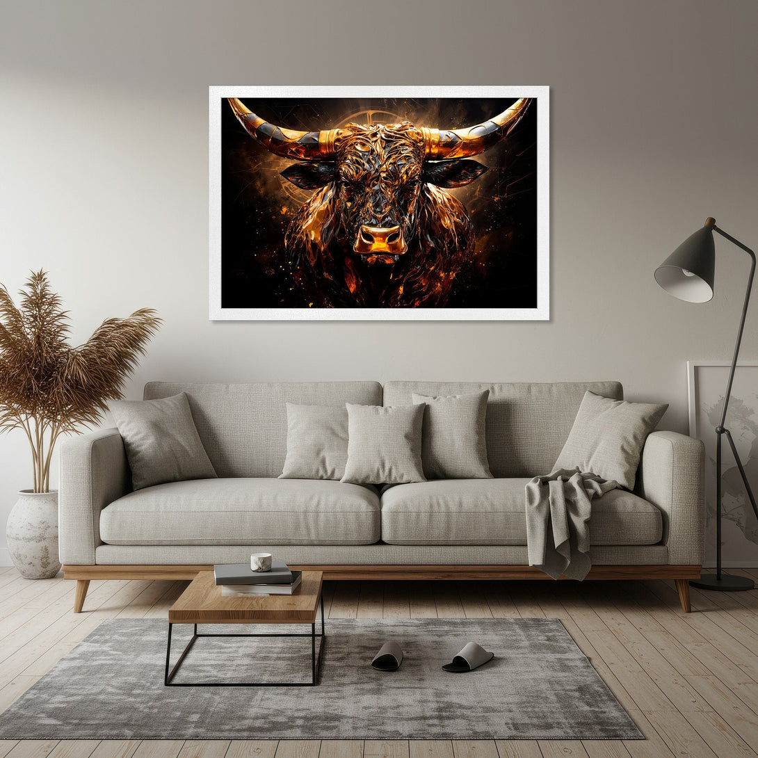 Framed Poster featuring a majestic bull in a striking gold and black style. Perfect wall art for a modern living room.
